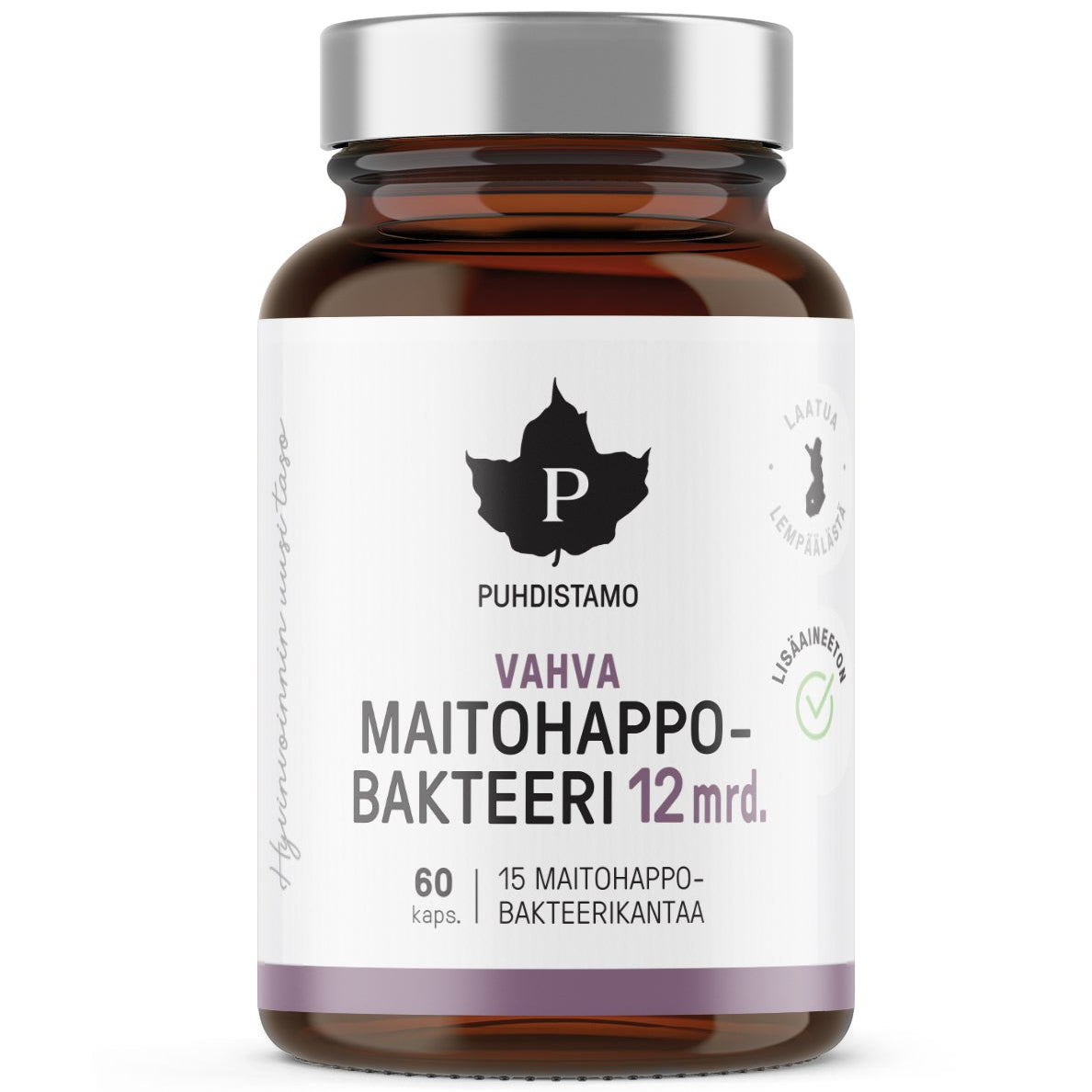 Eine braune Glasflasche mit der Aufschrift Puhdistamo Strong Probiotic 12 Billion CFU enthält 60 Kapseln für die Darmgesundheit. Das weiße Etikett ist mit schwarzem und violettem Text sowie einem Ahornblatt-Logo auf der Vorderseite versehen. Marke: Puhdistamo.