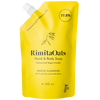 Der gelbe 500-ml-Beutel der Hand- und Körperseife RimitaOats von Rimita Green ist mit schwarzer Schrift, einem Ausgießer und einer kleinen finnischen Flagge versehen und hebt das ätherische Zitronengrasöl, den finnischen Hafer, die 77,8 % natürlichen Inhaltsstoffe und die veganfreundliche Formel hervor.