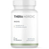 Eine weiße Flasche THERA Nordic Move von THERA Nordic enthält 60 Magnesiumkapseln mit ACTAZIN® Kiwi zur natürlichen Darmentgiftung, mit finnischem und schwedischem Text auf einem klaren, minimalistischen Etikett.