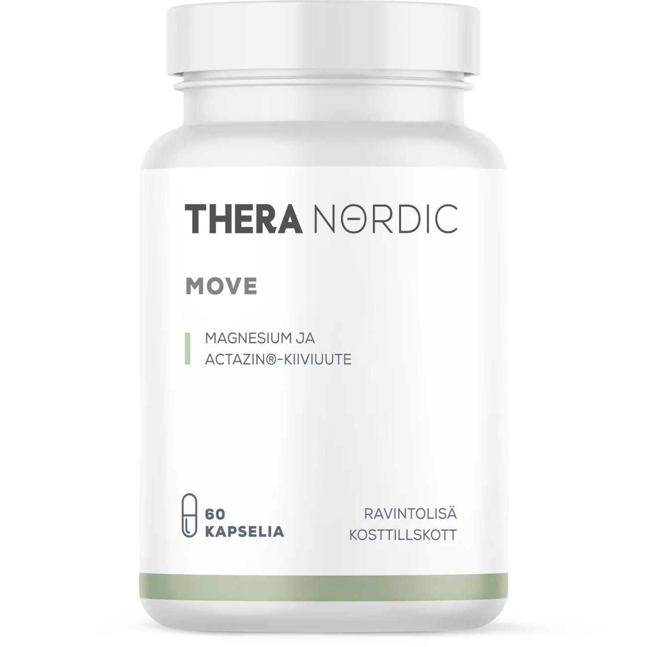 Eine weiße Flasche THERA Nordic Move von THERA Nordic enthält 60 Magnesiumkapseln mit ACTAZIN® Kiwi zur natürlichen Darmentgiftung, mit finnischem und schwedischem Text auf einem klaren, minimalistischen Etikett.