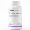 Eine weiße Flasche THERA Nordic Optimized Enzymes von THERA Nordic mit finnischer und schwedischer Aufschrift enthält 60 Kapseln zur Linderung von Blähungen mit schwarzen und violetten Akzenten auf einem schlichten Hintergrund.