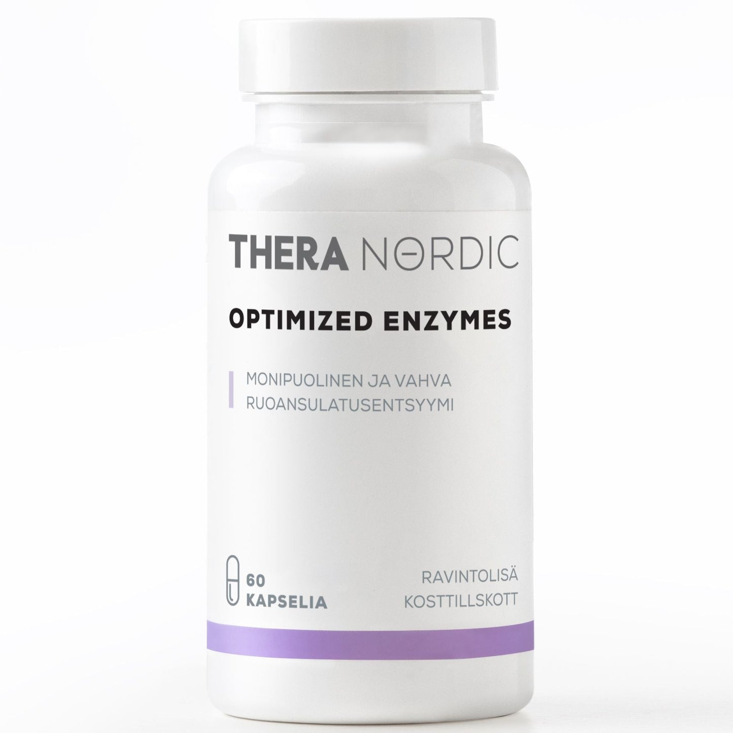 Eine weiße Flasche THERA Nordic Optimized Enzymes von THERA Nordic mit finnischer und schwedischer Aufschrift enthält 60 Kapseln zur Linderung von Blähungen mit schwarzen und violetten Akzenten auf einem schlichten Hintergrund.