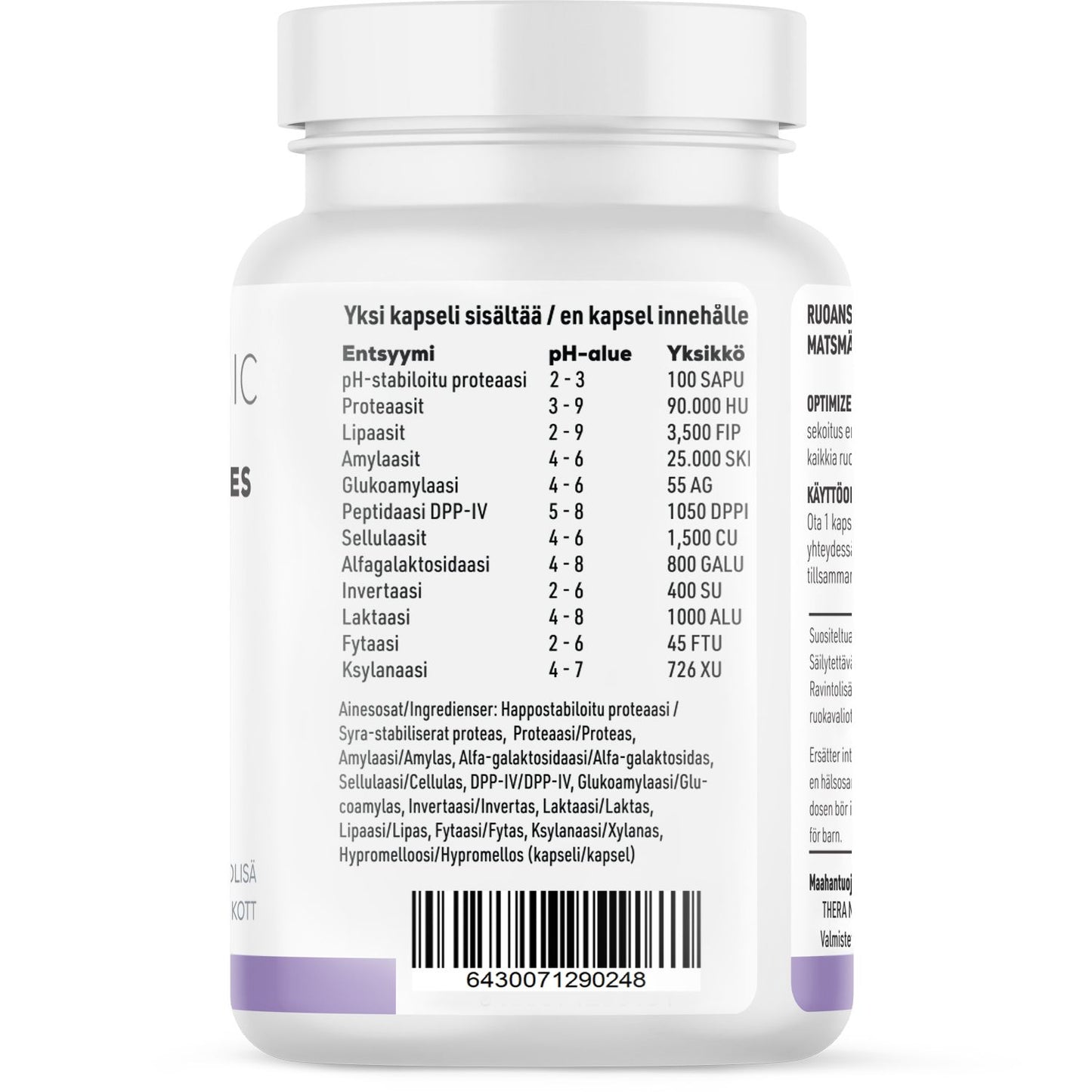 Die weiße Flasche THERA Nordic Optimized Enzymes zeigt ein finnisches Etikett mit einer Tabelle der Verdauungsenzyme und pH-Werte, die die Verdauung von Gluten und Milchprodukten unterstützen. Die Angaben zu den Inhaltsstoffen unten heben die Linderung von Blähungen hervor.
