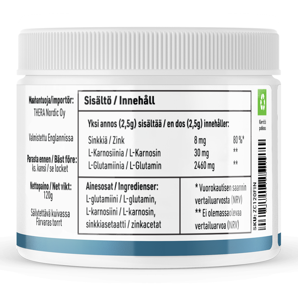 THERA Nordic Rezcue Drink Powder von THERA Nordic wird in einem weißen Kunststoffbehälter mit einem blauen Etikett in finnischer und schwedischer Sprache geliefert, auf dem Zink, L-Carnosin und L-Glutamin für die Darmheilung und den sauren Reflux sowie die Portionsgröße und Herstellerangaben angegeben sind.