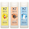 Drei Flaschen XZ Moomin 2in1 Shampoo & Conditioner von XZ: rosa Kleine My, orange Stinki und blauer Moomintroll - alle für Kinder, mit sanftem Erdbeerduft und charmanten Charakterillustrationen.