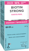 Eine blau-weiße Schachtel Vitabalans Biotiini Strong Hair & Nail, 60+30 Tabletten mit einem Sonderangebot. Enthält Biotin, Zink, Methionin und Keratin zur Unterstützung der Gesundheit von Haaren und Nägeln. Das Vitabalans befindet sich am unteren Rand.