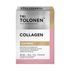 Auf einer Schachtel Dr. Tolonen Collagen steht ein finnischer Text, der jugendliche Haut, gesunde Haare und Nägel verspricht. Die stilvolle Verpackung in Weiß, Rosa und Beige ist mit schwarzer und goldener Schrift verziert. Marke: Dr. Tolonen.