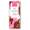 Eine Schokoladentafel mit einer abstrakten rosa-braunen Verpackung mit der Aufschrift Foodin Organic Raw Chocolate Gingerbread 51%, hergestellt mit Bio-Gewürzen und Kokosnusszucker, handgefertigt in Finnland, mit einer kleinen finnischen Flagge.