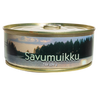 Eine runde Metalldose mit der Aufschrift Pielisen Kala Räucher-Maräne zeigt einen See und einen Wald bei Sonnenuntergang. Im Inneren befindet sich eine schmackhafte geräucherte Maräne, die ideal zu Kartoffelpüree passt. Das Nettogewicht beträgt 210/150 Gramm. Marke: Pielisen Kala.