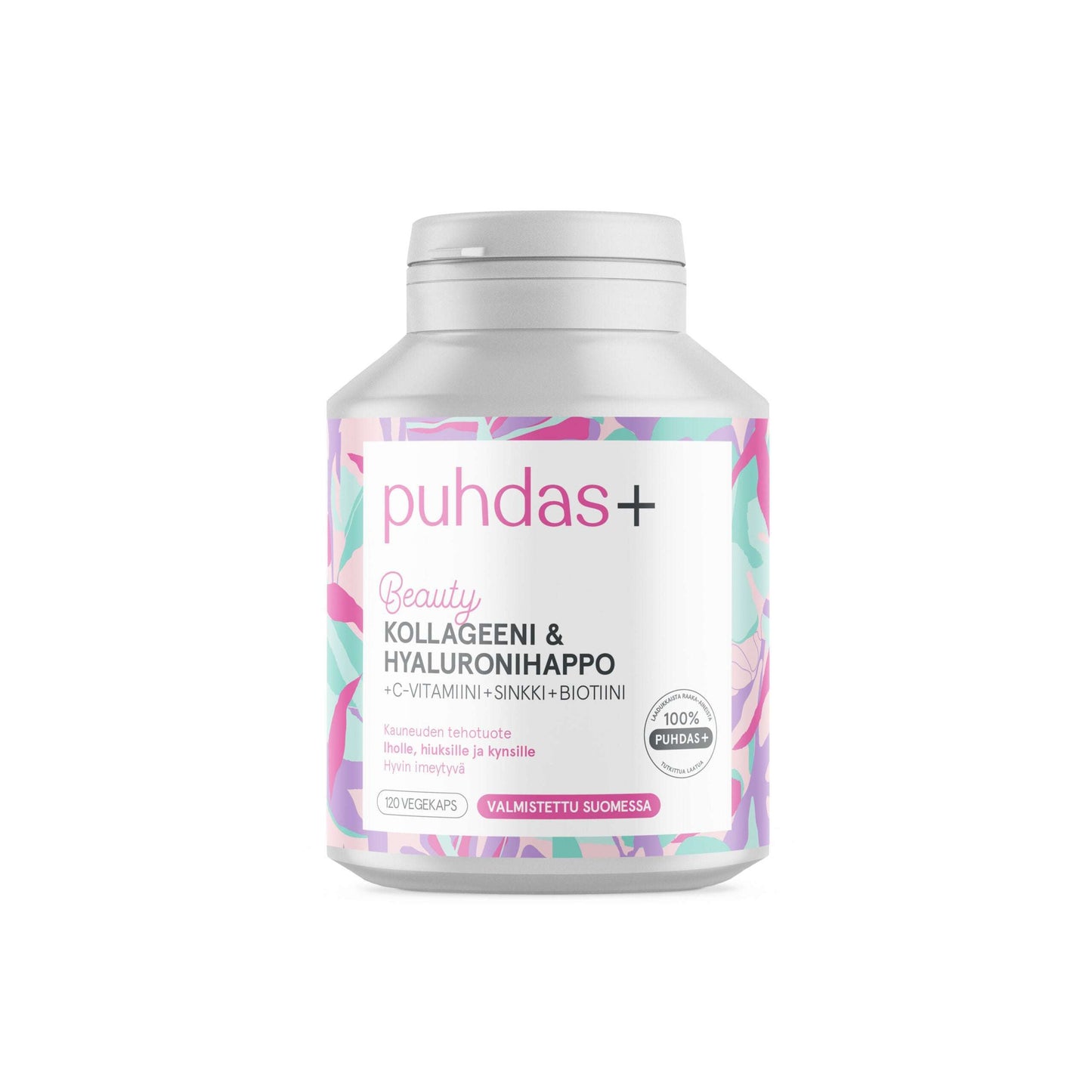 Eine Flasche Puhdas+ Collagen & Hyaluron von Puhdas+ mit einem weißen, rosafarbenen und pastellfarbenen Etikett, das Produktdetails auf einem schlichten weißen Hintergrund anzeigt - ideal zur Unterstützung der Hautgesundheit.