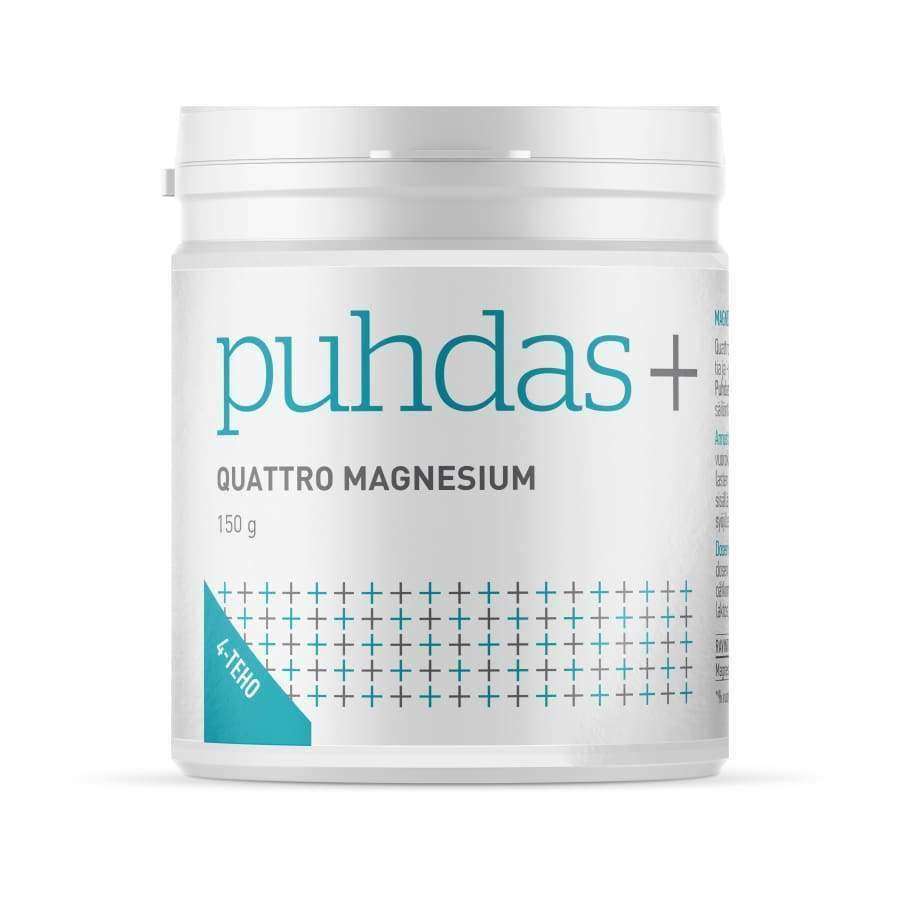 Ein weißer Behälter mit Puhdas+ Quattro Magnesium Powder, mit blauer und grauer Schrift, kleinen Pluszeichen am Boden und einem blauen 4 TEHO-Etikett, das dieses Puhdas+ Ergänzungsmittel mit vier Magnesiumformen hervorhebt.