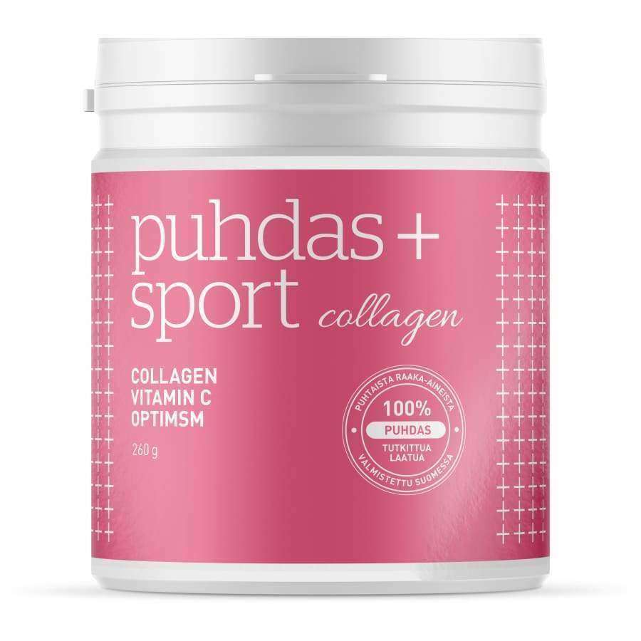 Ein weißer Puhdas+ mit rosafarbenem Etikett trägt die AufschriftPuhdas+ Sport Collagen & Vitamin C & OptiMSM" und ist mit einem runden Stempel versehen: "100% PUHDAS TUTKITTU LAATU.