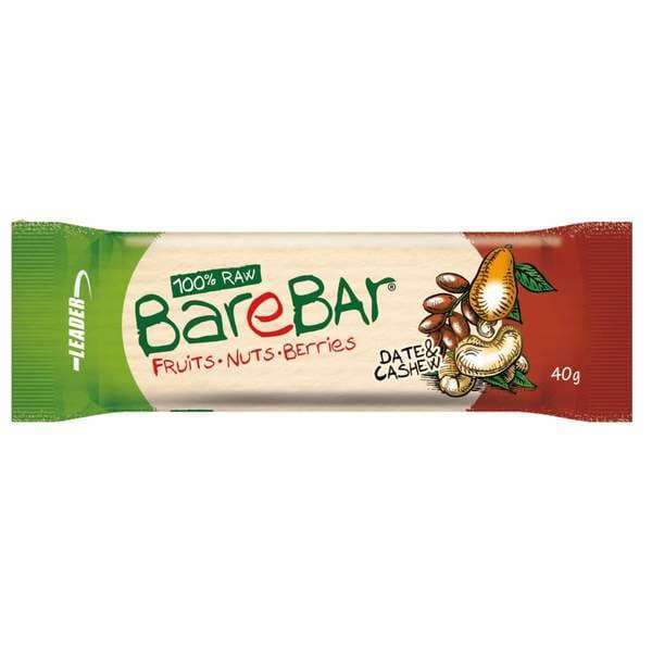 Der BareBar Cashew 24er-Pack von BareBar enthält vegane, glutenfreie Snack-Riegel in grüner und roter 40g-Verpackung mit der Aufschrift 100% Raw with Dates & Cashew flavor, illustriert mit Datteln und Cashews.