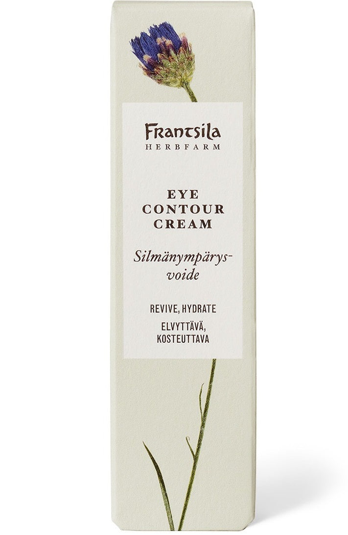 Rechteckige Dose Frantsila Midsummer Rose Bright Eyes Beauty Cream mit botanischer Darstellung einer violetten Blüte und grünem Stiel, beschriftet in Englisch und Finnisch. Enthält Hagebuttenkernöl für sanfte Anti-Aging-Pflege.