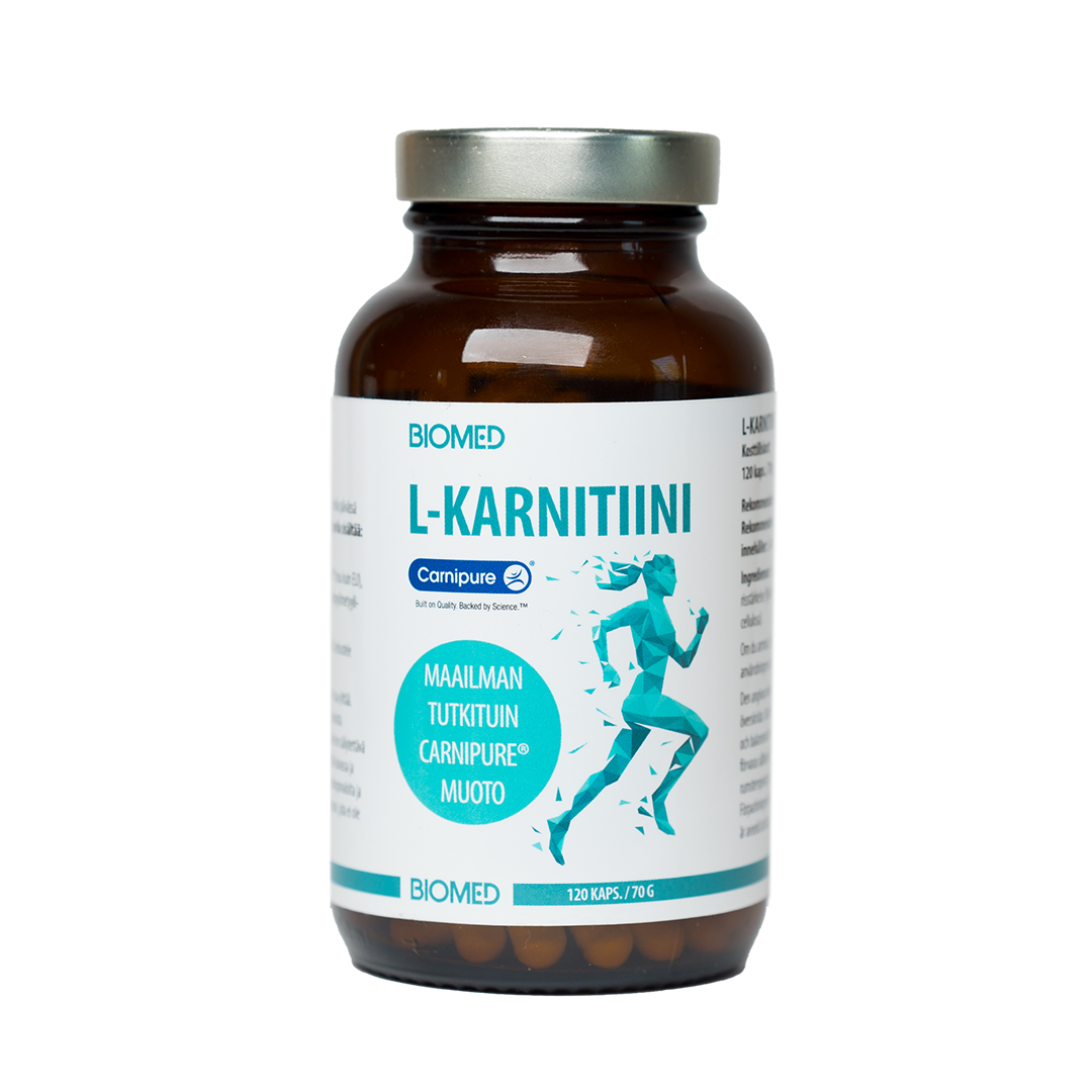 Une bouteille Biomed marron portant la mention « Carnipure® L-Carnitine » en bleu et blanc et représentant une silhouette en train de courir. L'étiquette finlandaise indique qu'il s'agit de 120 gélules végétaliennes favorisant le métabolisme énergétique grâce au tartrate de L-carnitine.