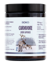 Les gélules Biomed Carnivore Liver Capsules sont présentées dans un flacon illustré d'un renne dans la neige. Ce complément alimentaire finlandais contient 120 gélules à base de foie de renne, une source naturelle de vitamine B12, avec des informations détaillées en plusieurs langues.