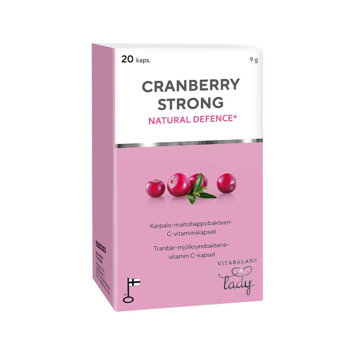 Boîte rose et blanche portant la mention « Cranberry Strong by Vitabalans » et représentant des canneberges. Contient 20 gélules à base d'extrait de canneberge pour favoriser la santé féminine ; l'emballage est rédigé en plusieurs langues, dont le finnois et le suédois.