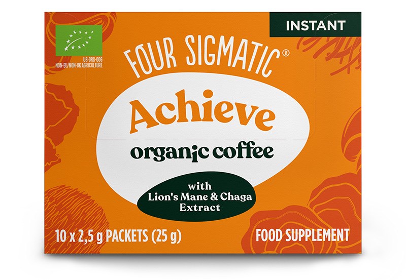Café Four Sigmatic aux champignons Four Sigmatic Lion's Mane — une boîte orange de Four Sigmatic— contient des extraits de Lion's Mane et de Chaga, étiquetés comme complément alimentaire. Contient 10 sachets (2,5 g chacun).