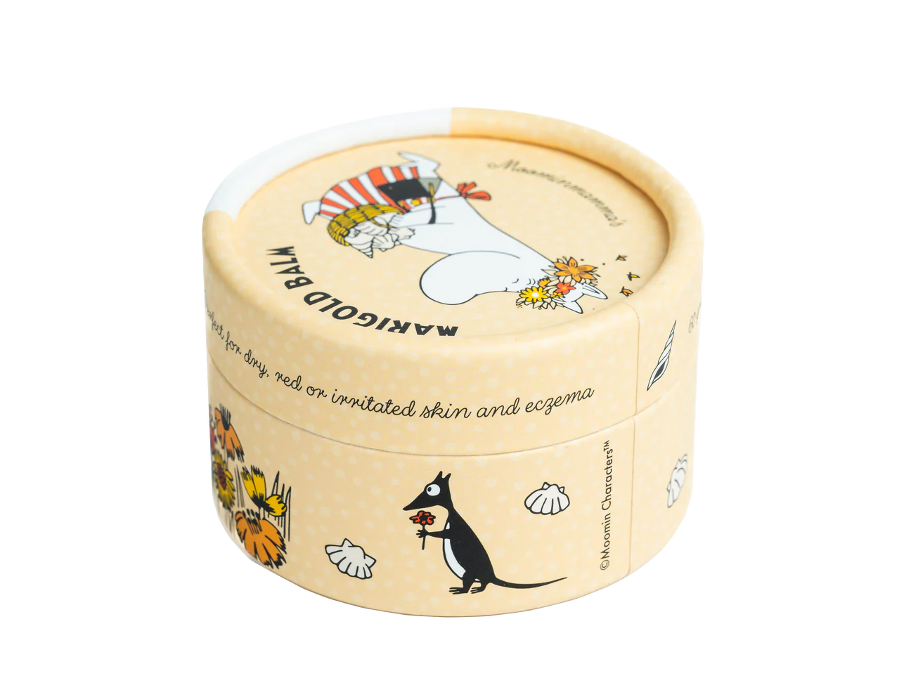 Le baume à la calendula Gustaf & Linnea Moominmammas, présenté dans un pot rond et écologique de couleur jaune, est orné d'illustrations fantaisistes d'animaux, notamment une créature blanche sur le couvercle et une créature noire avec une fleur, ainsi que des coquillages et des motifs floraux.
