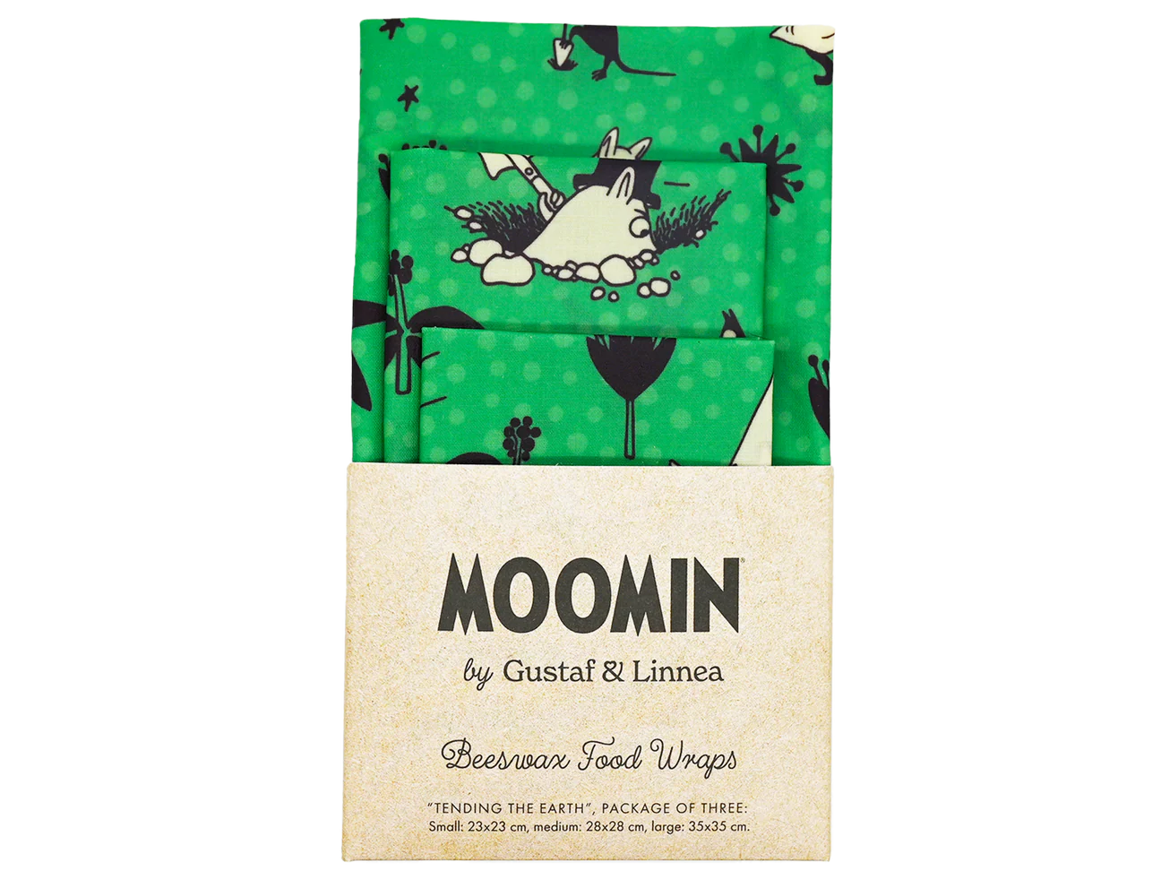 Les emballages alimentaires en cire d'abeille Gustaf & Linnea Moomin sont des emballages verts ornés de motifs Moomin et naturels, conditionnés dans un étui brun. Il s'agit d'une solution de conservation des aliments écologique et réutilisable proposée par Gustaf & Linnea.