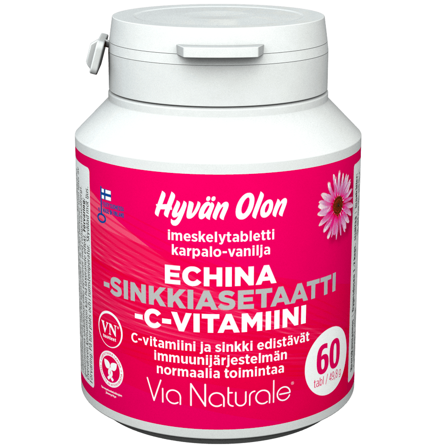Une bouteille en plastique blanc étiquetée en finnois avec des accents roses, indiquant « Via Naturale Echinacea & Zinc Acetate & Vitamin C », présente un arôme de canneberge-vanille, un graphisme représentant une marguerite et contient 60 comprimés.