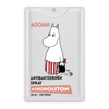 Un spray antibactérien pour les mains sans alcool Moomin blanc (20 ml, 225 pulvérisations) représente un personnage Moomin vêtu d'un pantalon à rayures rouges tenant une petite créature noire. Marque : Moomin.