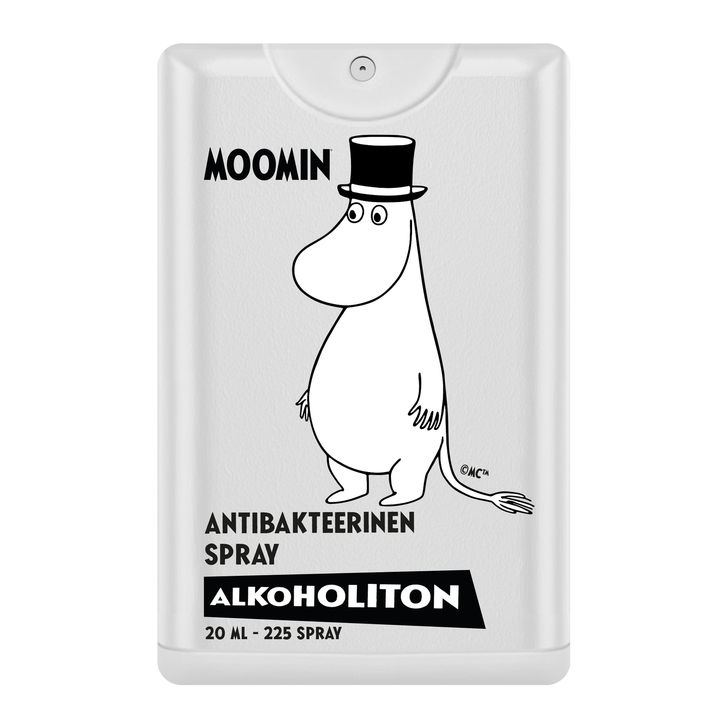 Le spray antibactérien sans alcool Moomin de Moomin se présente dans un flacon blanc de 20 ml orné d'un personnage Moomin en noir et blanc coiffé d'un haut-de-forme. Il permet d'effectuer 225 pulvérisations pour une désinfection facile dans votre poche.