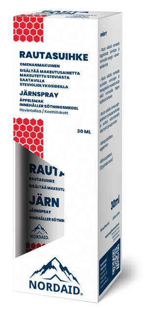 Boîte blanche et bleue de Nordaid Iron Spray, 30 ml, avec texte en finnois et en suédois, accents rouges en nid d'abeille et logo montagne ; un complément alimentaire pratique de Nordaid pour lutter contre la carence en fer.