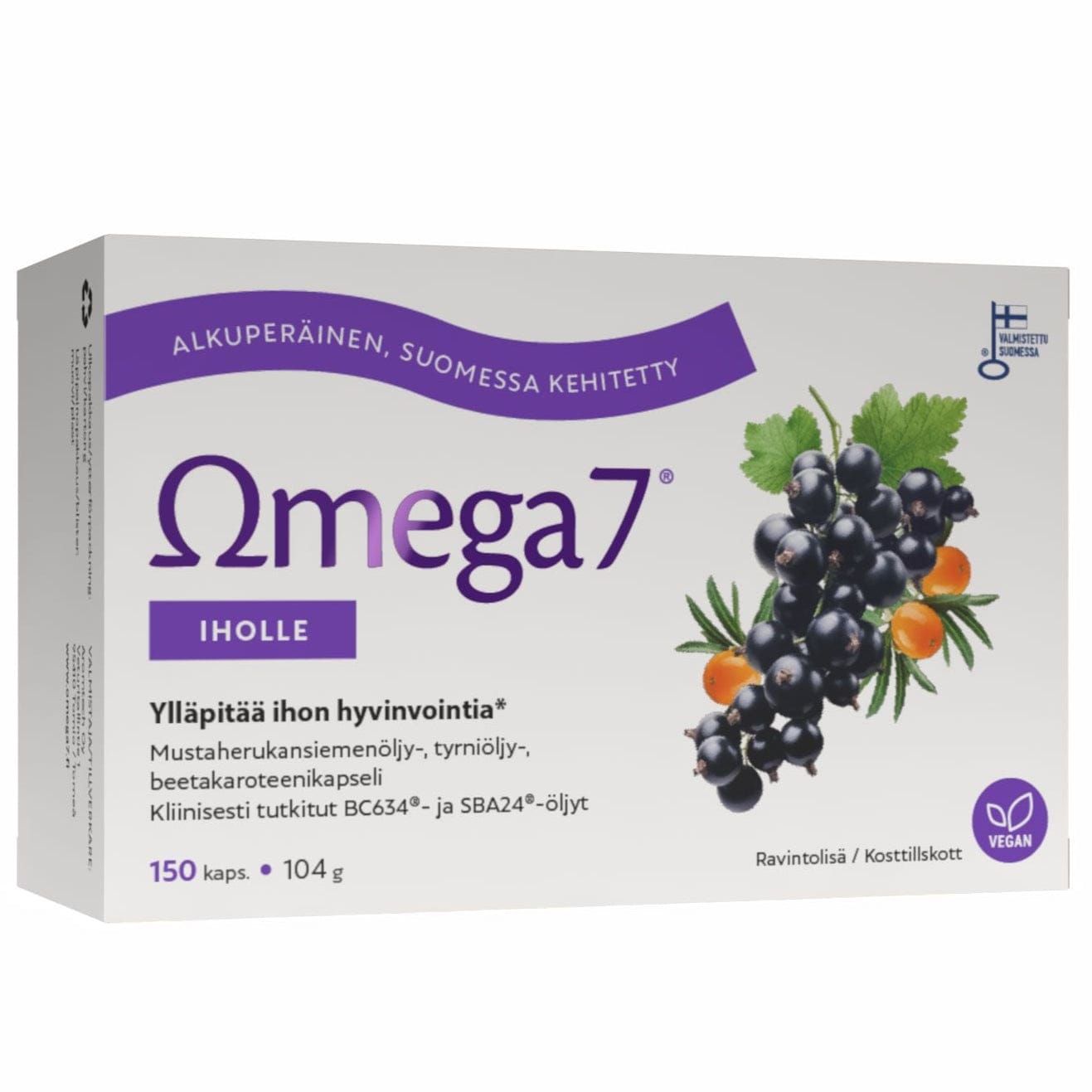 Omega7 Skin d'Omega7 est un complément alimentaire à base d'huile d'argousier et d'huile de pépins de cassis. Le texte en finnois met en avant ses bienfaits, tels que l'hydratation interne des peaux sèches. Contient 150 gélules (104 g).