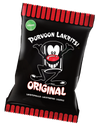 Un emballage noir rehaussé de touches rouges portant la mention « Porvoon Lakritsi Original Licorice » (réglisse originale Porvoon Lakritsi) représente une mascotte de bande dessinée aux grands yeux, au nez rouge et aux bras levés. L'emballage affiche son label végétalien, idéal pour les amateurs de réglisse haut de gamme. Marque : Porvoon Lakritsi.