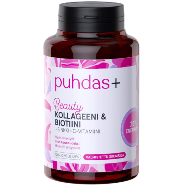 Puhdas+ Collagen & Biotin de Puhdas+ du zinc, de la vitamine C et du collagène de poisson. Le flacon foncé avec un bouchon noir est orné d'une étiquette finlandaise blanche et rose avec un fond floral. Ce complément alimentaire est idéal pour avoir des cheveux et une peau éclatants.