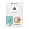 Un paquet blanc et bleu clair de poudre de collagène naturel Puhdistamo Collagen, avec un bol en bois sur le devant. Ce produit finlandais de 300 g contient 42 portions et contient des peptides de collagène Bodybalance pour le bien-être quotidien.