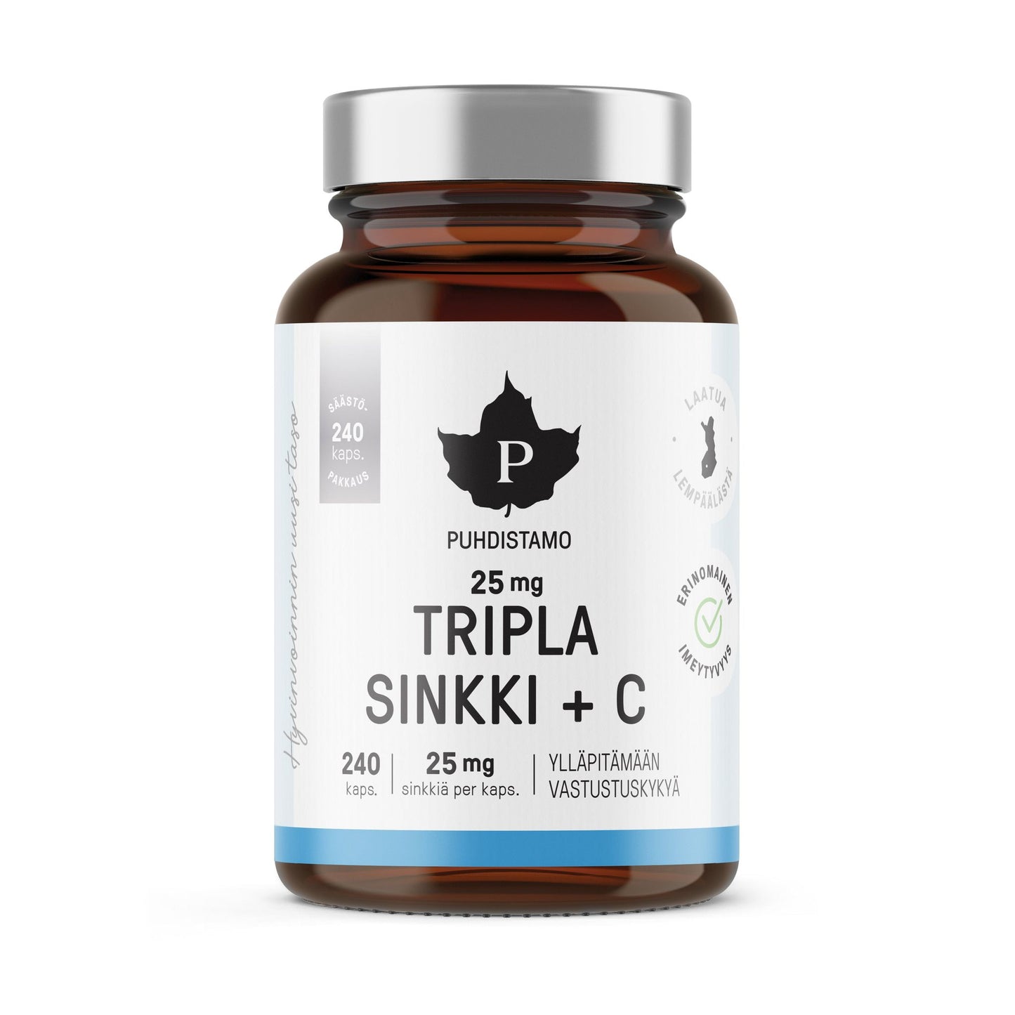 Une bouteille en verre brun étiquetée « Puhdistamo Triple Zinc 25 mg » par Puhdistamo contient 240 gélules de zinc et de vitamine C hautement assimilables, chaque gélule fournissant 25 mg de zinc. L'étiquette affiche diverses certifications et un logo en forme de feuille.
