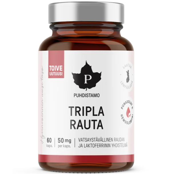 Puhdistamo Triple Iron de Puhdistamo est un complément alimentaire à base de fer présenté dans un flacon à l'étiquette blanche, conçu pour favoriser une bonne absorption du fer.