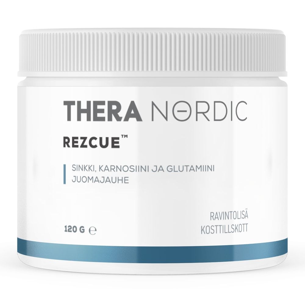 Un récipient en plastique blanc contenant la poudre THERA Nordic Rezcue Drink Powder (THERA Nordic), avec des accents bleus, étiqueté en finnois et en suédois. Complément alimentaire pour la guérison intestinale à base de zinc, de carnosine et de glutamine, 120 g.