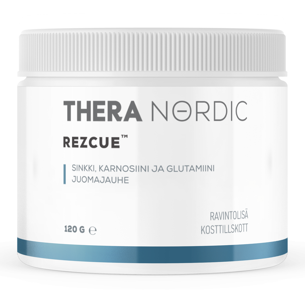 Un récipient en plastique blanc contenant la poudre THERA Nordic Rezcue Drink Powder (THERA Nordic), avec des accents bleus, étiqueté en finnois et en suédois. Complément alimentaire pour la guérison intestinale à base de zinc, de carnosine et de glutamine, 120 g.