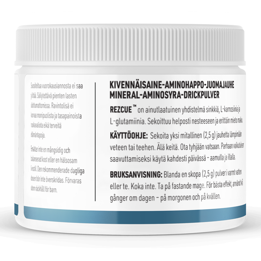 Un récipient blanc avec un couvercle nervuré affiche un texte en finnois et en suédois décrivant THERA Nordic Rezcue Drink Powder, un complément minéral et acide aminé destiné à la guérison intestinale, ainsi que son mode d'emploi et ses ingrédients. « THERA Nordic Rezcue » est mis en évidence en gras.