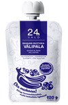 Un sachet de 120 g de snacks Valo24h Banana-Bilberry Smoothie, sans gluten et sans additifs (étiquettes en finnois/suédois), avec un emballage représentant des bananes, des myrtilles et du yaourt — des snacks sains de Valo24h. Contient 24 sachets.
