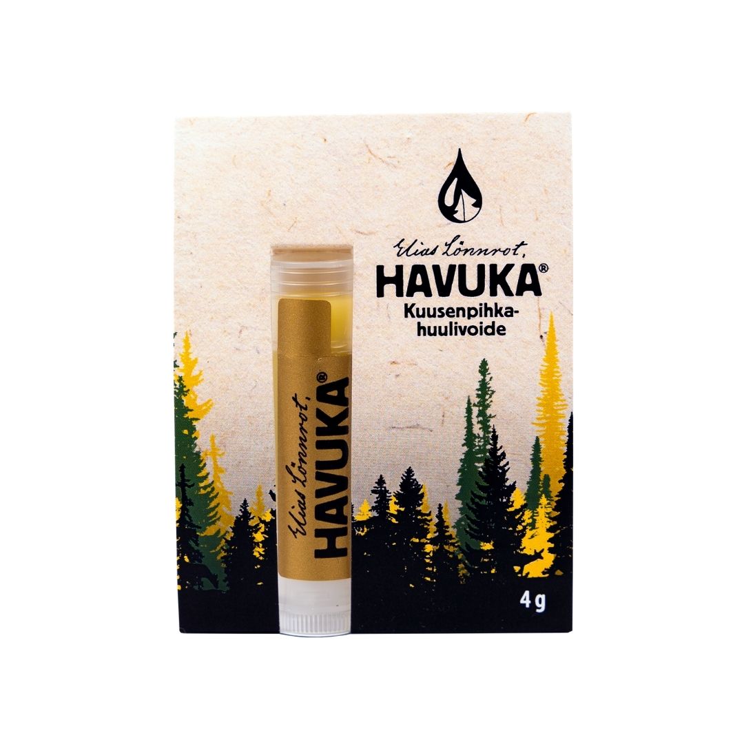 Un tube doré de baume à lèvres Havuka Spruce Resin Lip Balm est posé devant son emballage en carton, sur lequel sont représentés des arbres à feuilles persistantes, un texte en finnois, une icône en forme de goutte noire et une indication de poids de 4 g.