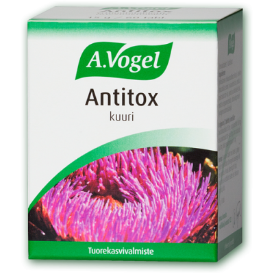 A.Vogel Antitox de A.Vogel est un complément alimentaire détoxifiant présenté dans une boîte verte et blanche ornée d'une fleur de chardon violette. Le texte en finnois met en avant sa formule à base d'extraits de plantes pour soutenir le foie.
