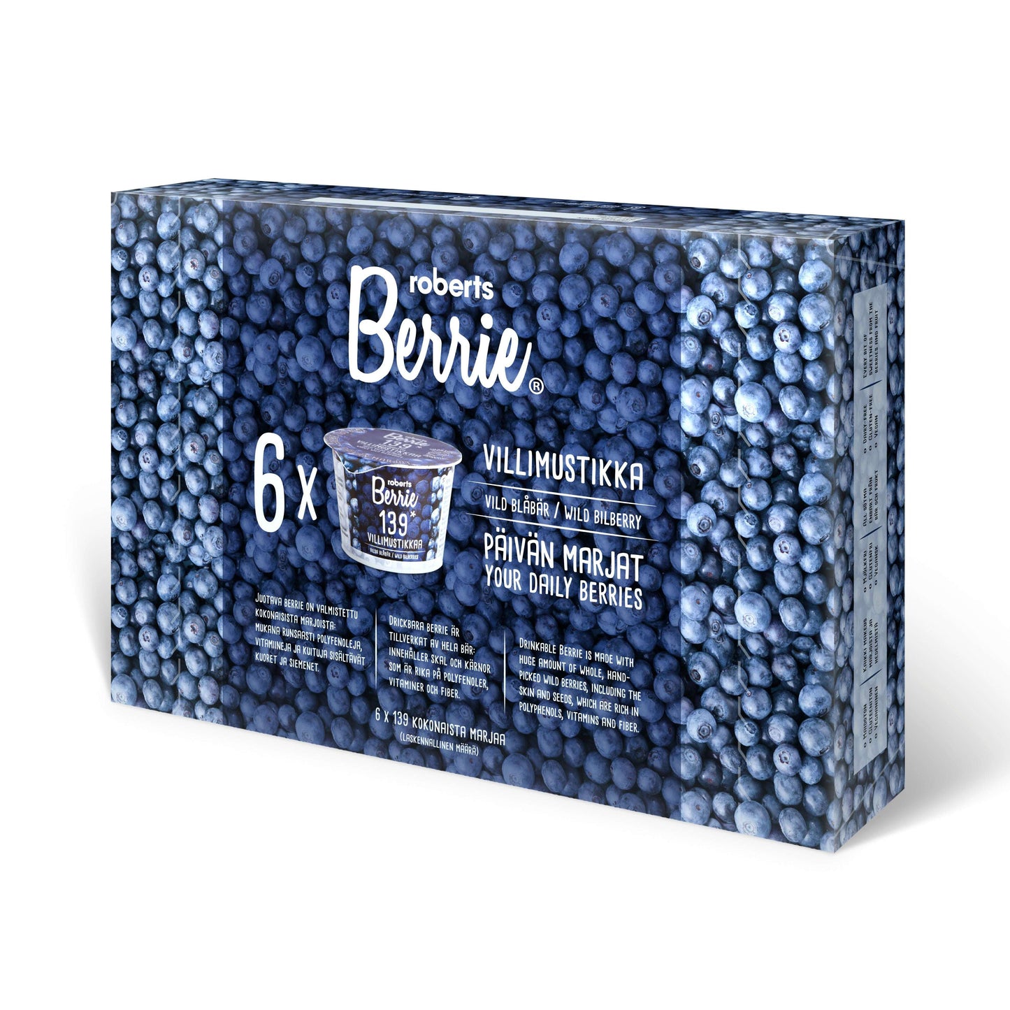 Une boîte de Roberts Berrie Berrie Wild Bilberry contient six pots de 130 g, avec des myrtilles sauvages nordiques sur l'emballage et des inscriptions en finnois et en anglais : « Villimustikka » et « Your Daily Berries », qui mettent en avant la teneur en anthocyanes.