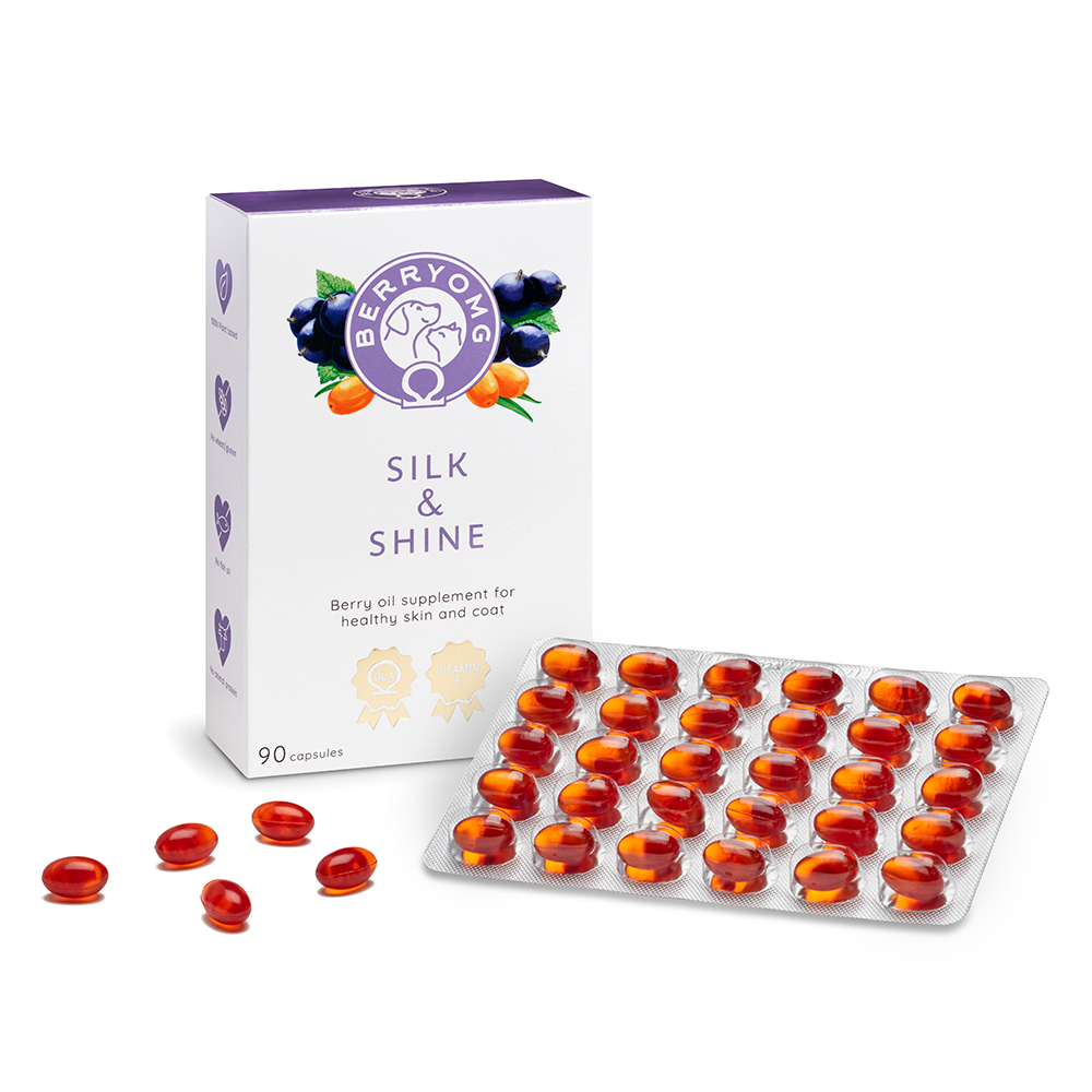 Une boîte portant la mention « Berry OMG & Shine » de Berry OMG à côté d'un emballage blister contenant 30 gélules rouges, avec des gélules en vrac à l'avant. L'emballage met en avant les acides gras oméga pour la santé de la peau et du pelage, ainsi que le soulagement des démangeaisons cutanées.