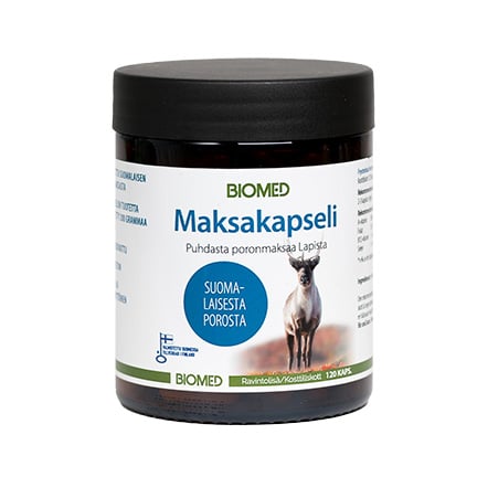 Le coffret cadeau Biomed Reindeer de Biomed est un pot brun orné d'un renne et d'un texte en finnois, contenant 120 gélules à base d'organes de renne finlandais de première qualité. Ce complément alimentaire met en valeur les produits finlandais à base de renne de grande qualité.