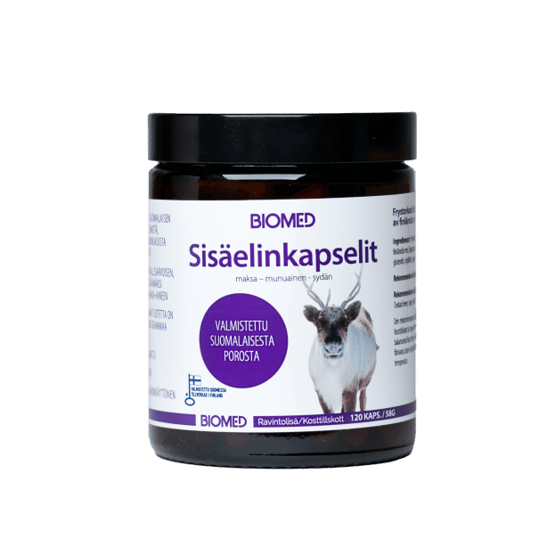 Un pot en plastique brun portant l'étiquette « Biomed Gift Set Reindeer » (Coffret cadeau Biomed Renne) de Biomed, avec une photo de renne, une étiquette finlandaise blanche et violette, un couvercle noir — contient des gélules d'organes de renne finlandais.