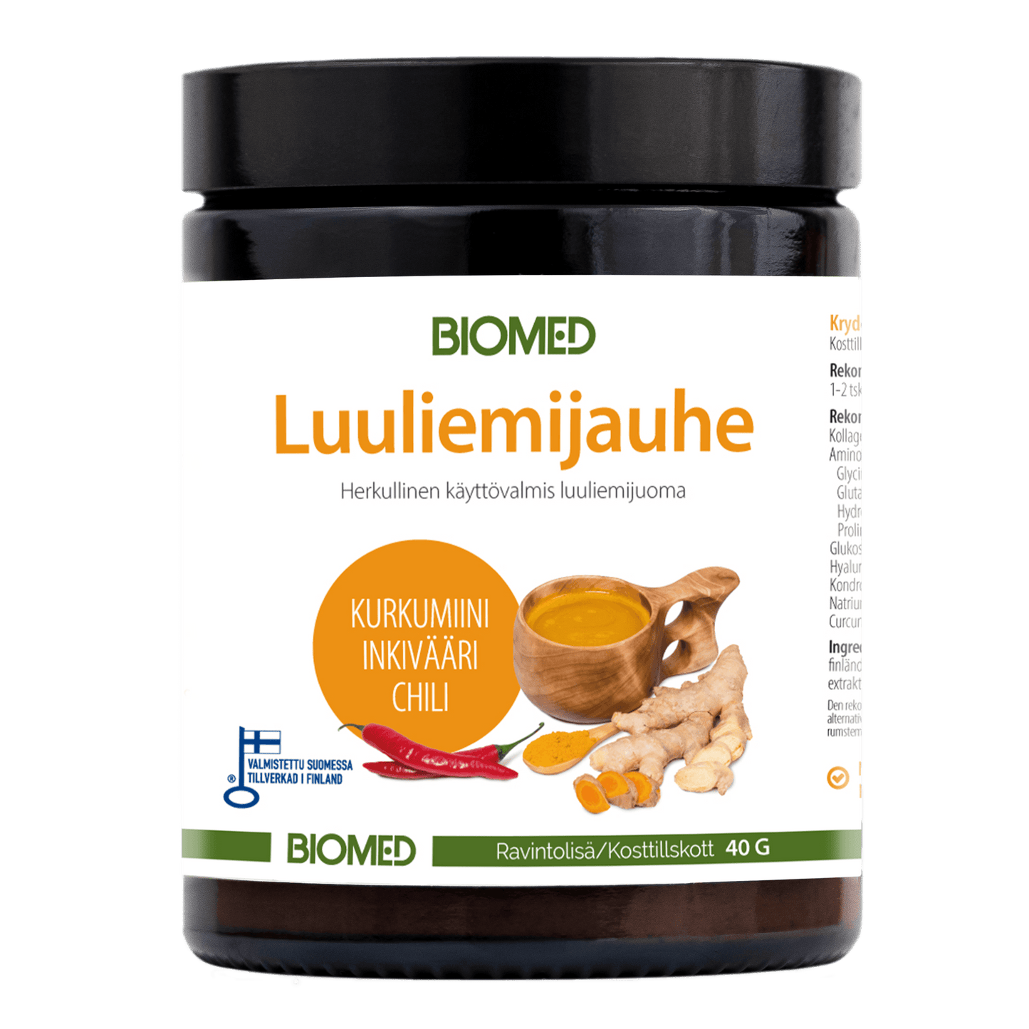 Un pot de poudre de bouillon d'os de renne Biomed + curcumine + gingembre + piment. L'étiquette représente un bol de bouillon, une racine de gingembre, un piment et du curcuma sur fond blanc.