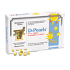 Une boîte de Pharma Nord D-Pearls 20 microgrammes de vitamine D3 comporte un graphisme représentant un soleil, une fenêtre transparente laissant apparaître des gélules jaunes et des gélules éparpillées devant. Le texte en finnois et en suédois met en avant le soutien apporté au système immunitaire et à la santé osseuse.