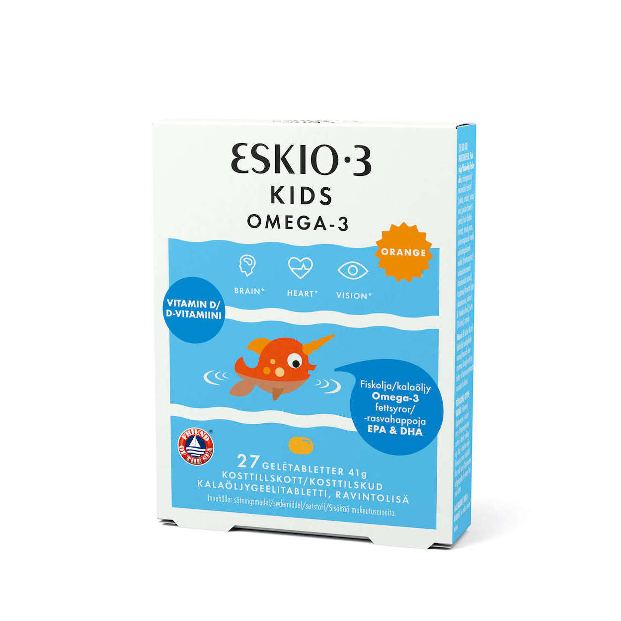 Eskio-3 Kids Chewable Omega-3 d'Eskio-3 présente un motif orange représentant un poisson, un fond bleu et des icônes représentant le cerveau, le cœur et la vision. La boîte met en avant la vitamine D et contient 27 comprimés gélifiés d'oméga-3 pour enfants.