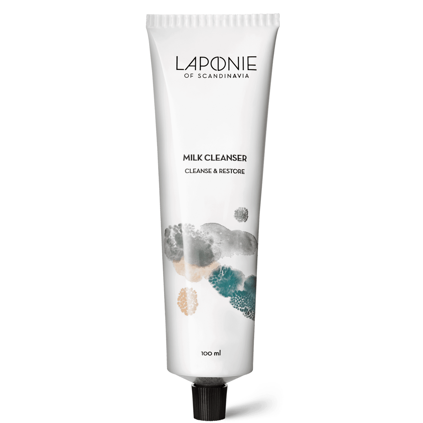 Un tube blanc de 100 ml Laponie of Scandinavia démaquillant Laponie of Scandinavia , orné de motifs abstraits colorés et d'un bouchon noir. Ce lait démaquillant doux de Laponie of Scandinavia est idéal pour les peaux sensibles.