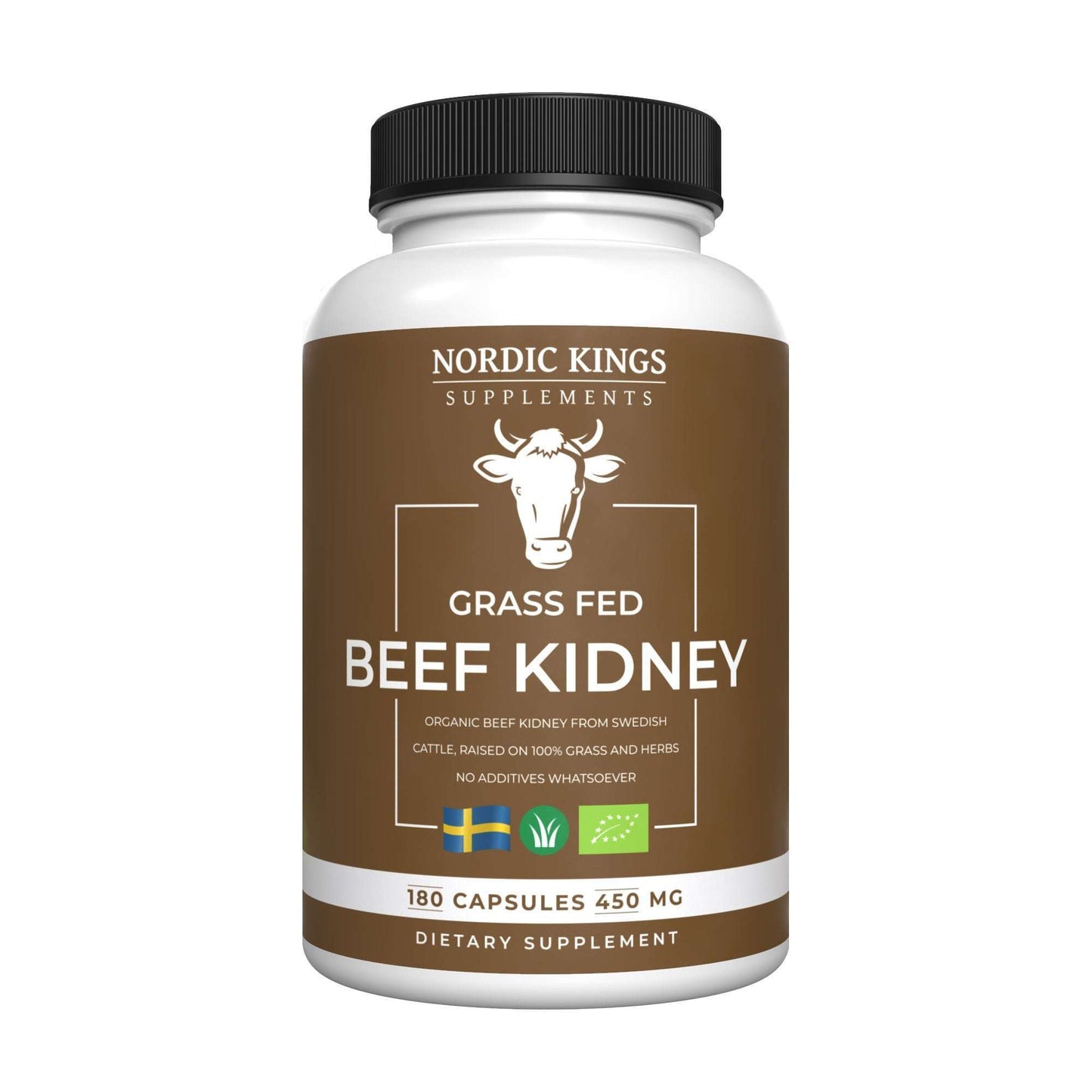 Une bouteille blanche portant l'étiquette « Nordic Kings Grass Fed Beef Kidney » (rognons de bœuf nourri à l'herbe biologique Nordic Kings) comporte une illustration de vache, un fond marron et des icônes représentant la Suède, l'alimentation à l'herbe et le label biologique. Contient 180 gélules (450 mg chacune) de rognons de bœuf biologique lyophilisés. Marque : Nordic Kings.