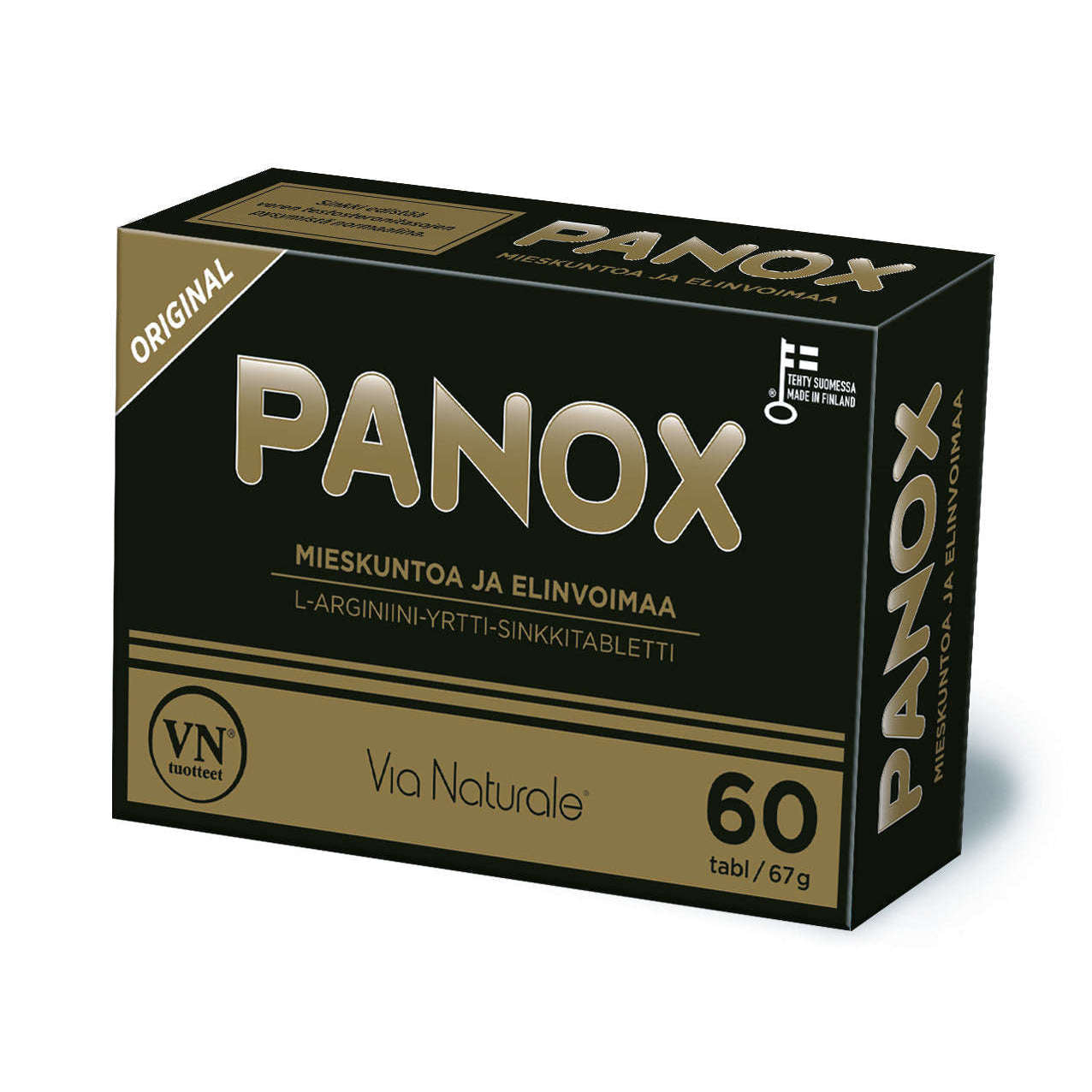 Une boîte noire et dorée portant la mention « Panox Original » en finnois, commercialisée par Via Naturale, contient 60 comprimés de L-arginine et de zinc. Elle est vendue comme un complément alimentaire naturel stimulant la testostérone, à base d'ingrédients végétaux clés.